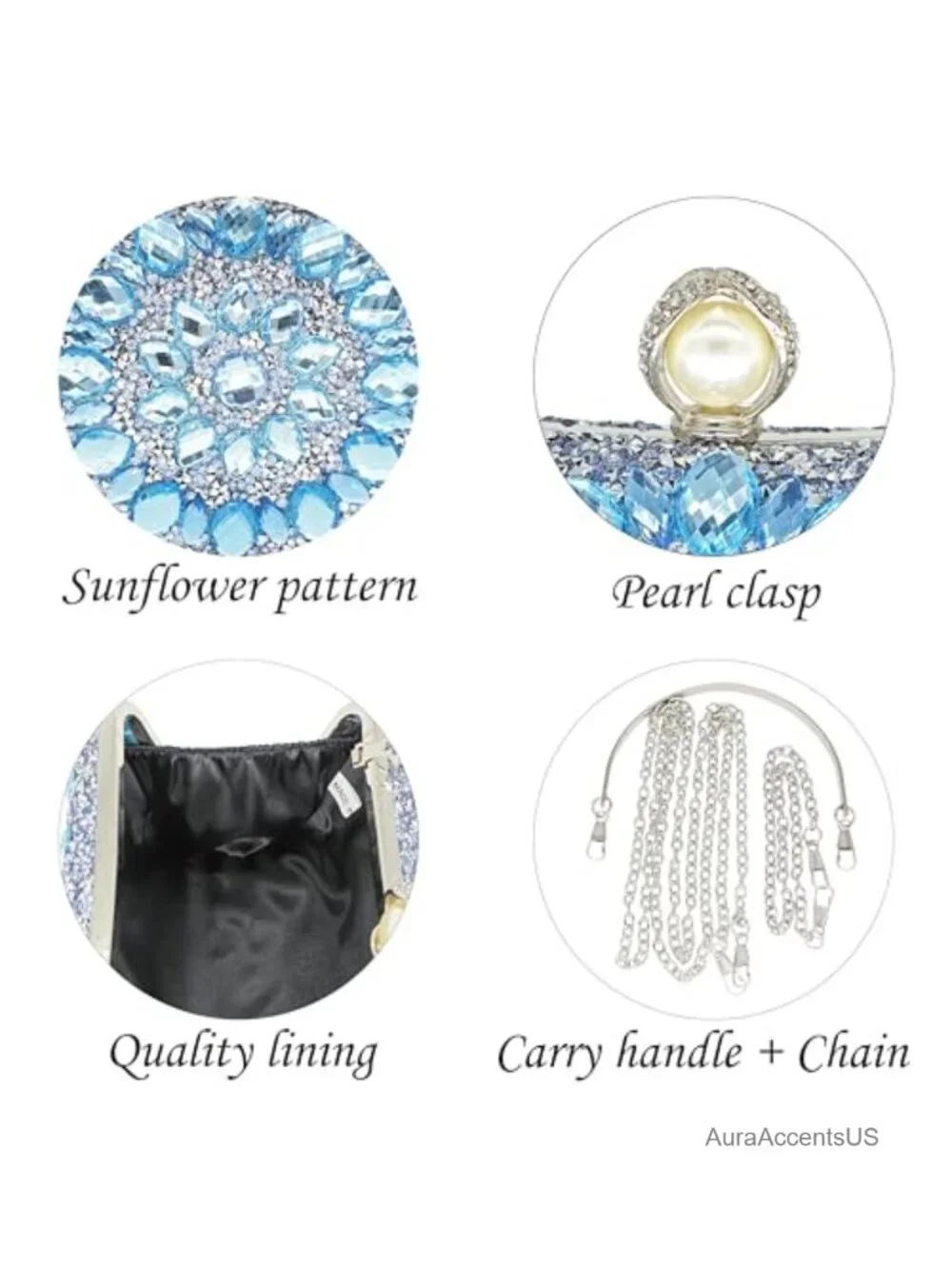 Crystal Rhinestone Clutch Evening Bag with Pearl Clasp and Detachable Chain